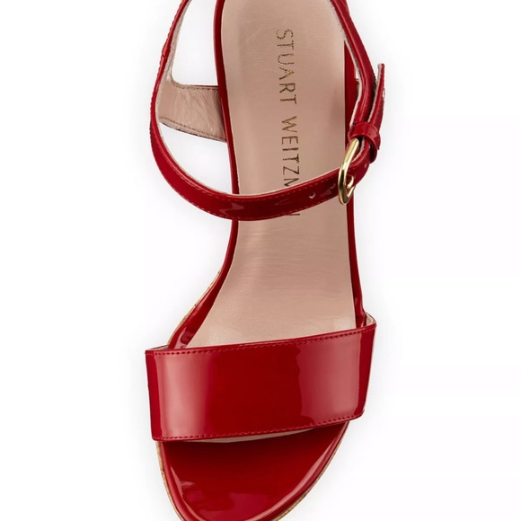 Stuart Weitzman Red Flame Painted Patent Cork Wedge Heel - Picture 4 of 17